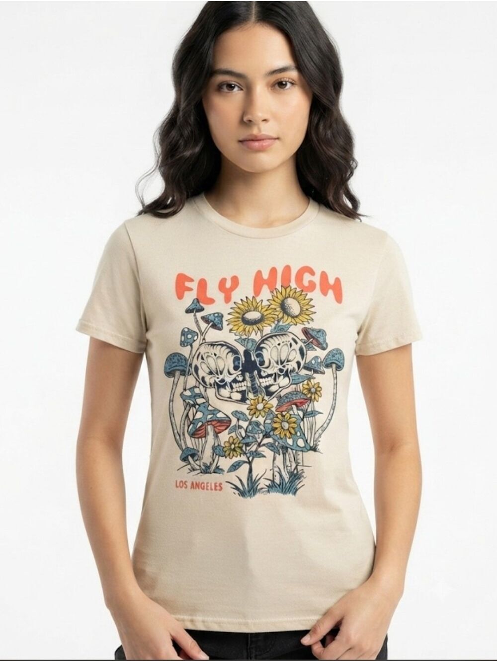 Eighty Eight White Tee with Coral, Blue & Yellow 'Fly High' Graphic